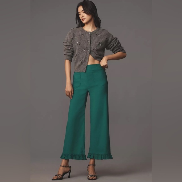 NWT! Anthro The Colette Magic Fabric Ruffled Crop Wide-Leg Pants by Maeve - 32 🏀 - Picture 1 of 6